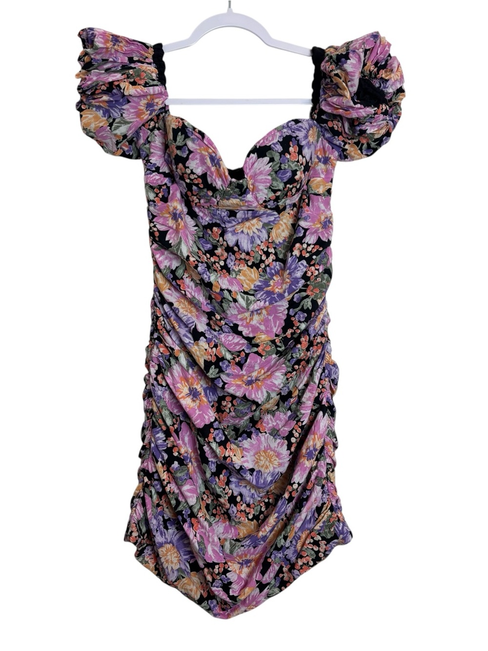 Fate Black Floral Ruched Puff-Sleeve Mini Dress
